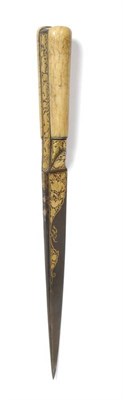 Lot 249 - An Early 19th Century Persian Kard, the 21.5cm fine watered steel blade decorated in gold...