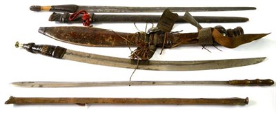 Lot 276 - A Masai Semi, with leather bound hilt and scabbard; a Mandingu Sword, with 68cm single edge...