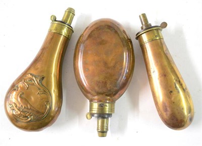 Lot 325 - Three 19th Century Copper Powder Flasks by James Dixon & Sons, Sheffield, one of plain squat...