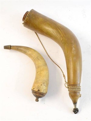 Lot 327 - A 19th Century Continental Large Powder Horn, with turned wood base, the dark horn stopper...