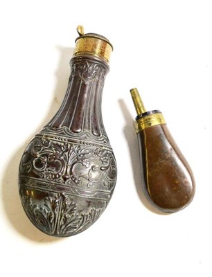 Lot 328 - A 19th Century Copper Powder Flask, embossed with scrolling acanthus and vine leaves, with...