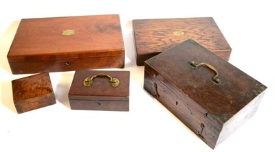 Lot 329 - Five Wood Boxes Suitable for Conversion to Pistol Cases:- brass bound oak 30.5cm by 20.5cm by 12cm