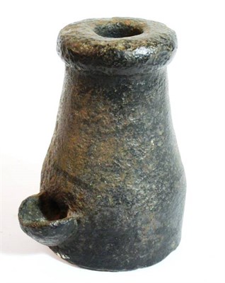 Lot 418 - An 18th Century Iron Mortar, of bellied vertical cylindrical form, with dished touch pan and...