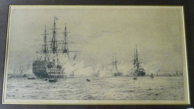 Lot 394 - William Lionel Wyllie (1851-1931) The Victory and other steam sail ships on an estuary Signed...