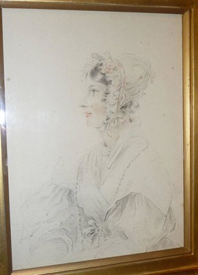 Lot 396 - L Semple Portrait of a young woman, half length Signed, pencil and red crayon, 19cm by 14cm