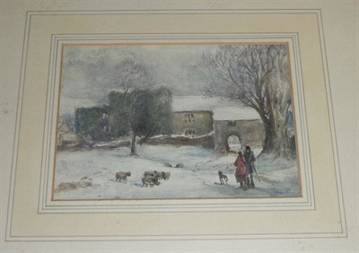 Lot 402 - William Manners (1860-1930) Figures outside a Hall Watercolour, inscribed verso in biro Watercolour