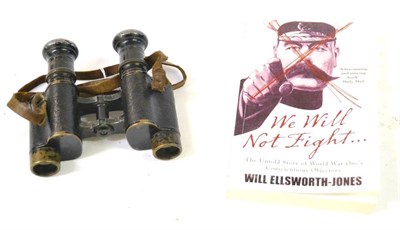 Lot 48 - A Pair of First World War Binoculars, in black enamelled brass, with white metal eyepieces, leather