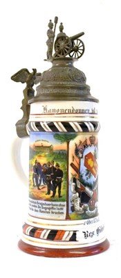 Lot 59 - An Imperial German Porcelain Beerstein, the main body printed and painted with artillery scenes...