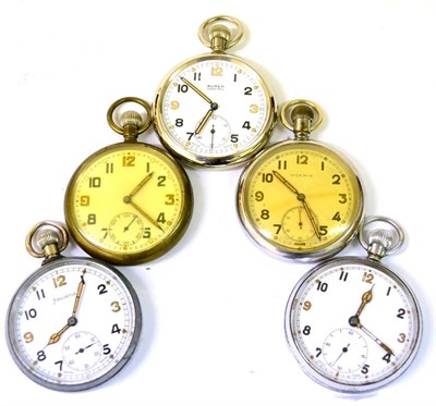 Lot 68 - Five Second World War British Military Issue Top Wind Pocket Watches, each with circular white...