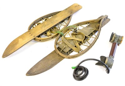 Lot 84 - A Pair of Second World War Snowshoes, with steam bent ash frames laced with cord and webbing,...