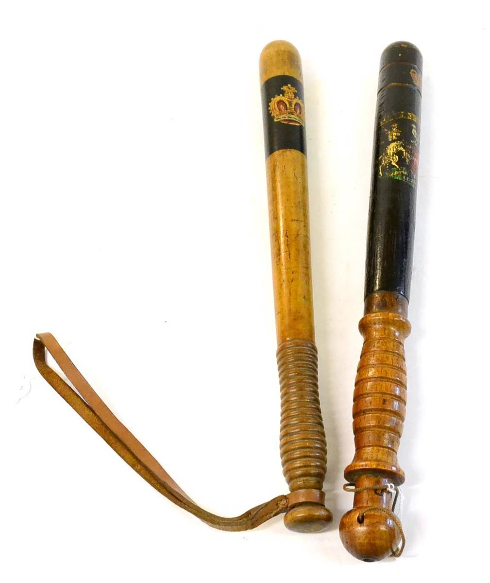 Lot 90 - A Victorian Oak Truncheon, the ebonised field with a transfer of a Queen's crown over the Coat...