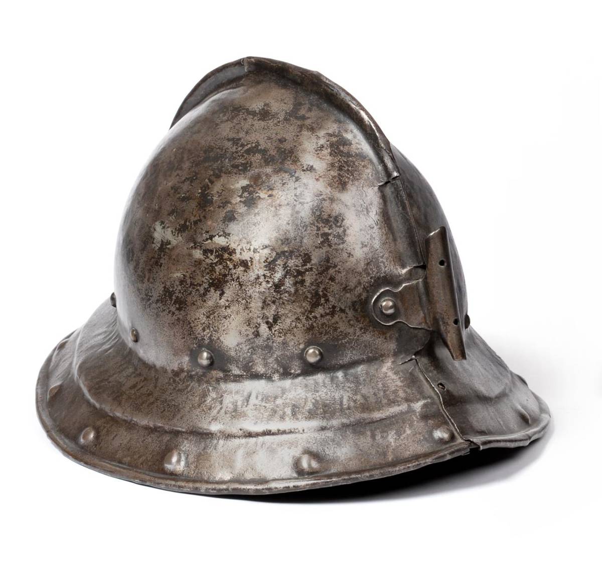 Lot 95 - An English Civil War Pikeman's Pot Helmet, the two piece skull joined with a folded shallow...