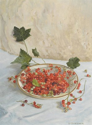 Lot 415 - Stephen Darbishire R.B.A. (b.1940) Still life of redcurrants, redcurrant leaves on a plate...