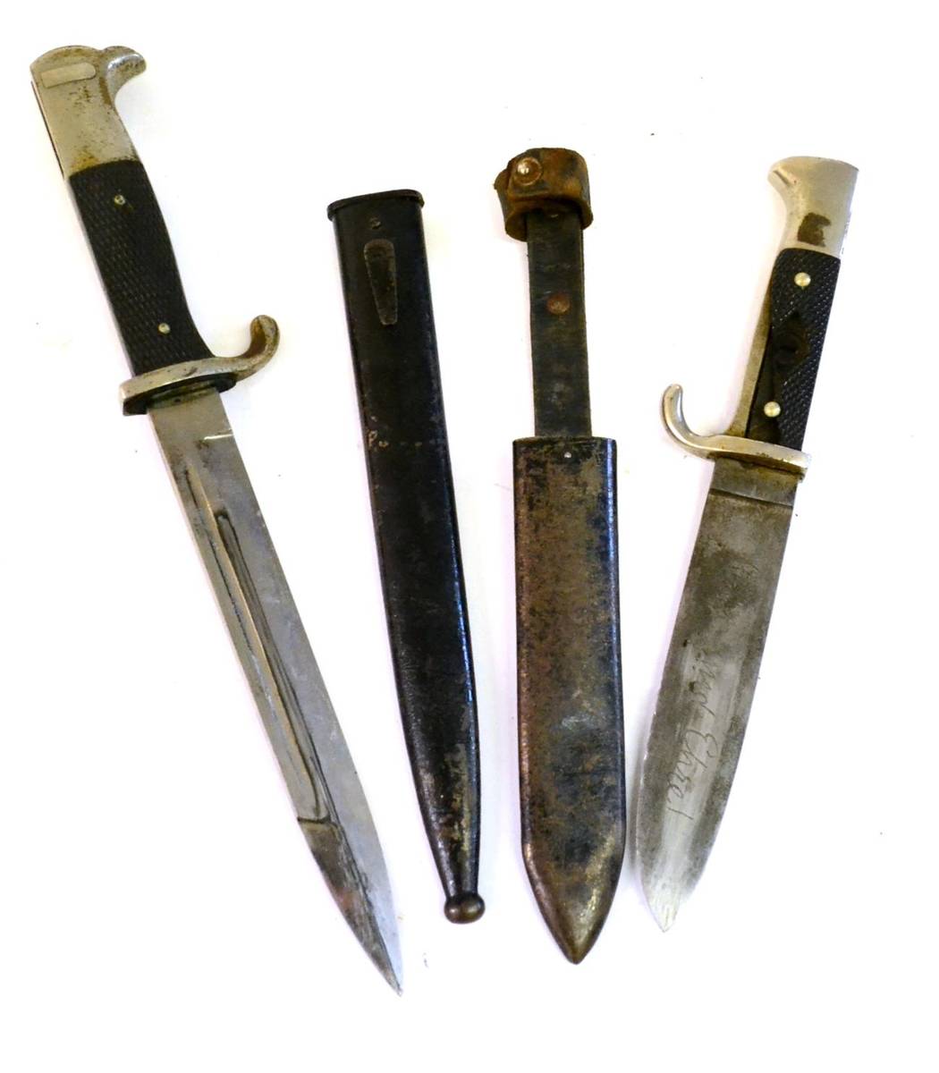 Lot 161 - A German Third Reich Hitler Youth Knife, the steel blade etched Blut und Ehre!, and stamped...