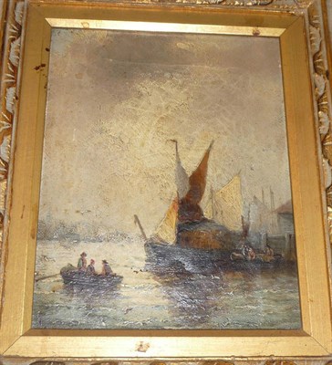 Lot 416 - English School, circa 1880 Sailing barges and figures in rowboats by a harbour Oil on canvas,...