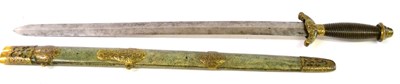 Lot 170 - A 19th Century Chinese Jian Sword, with 62cm double edge steel blade, brass down-swept winged...