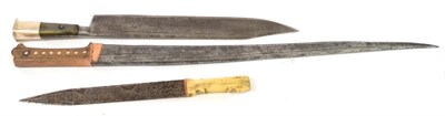 Lot 179 - An Indian Knife, the double edge steel blade inlaid with arabic script, with bone grip; a Bowie...