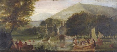 Lot 419 - Thomas Tolming "Coniston Old Hall - Launch of the First Gondola" Oil on wooden panel, signed...