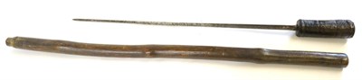 Lot 212 - A 19th Century Wood Sword Cane, with 52cm cruciform steel blade, leather bound grip and plain...