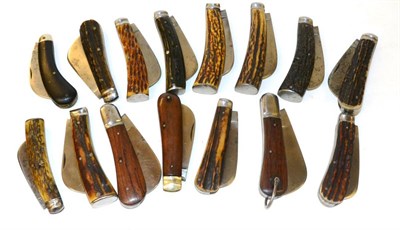 Lot 247 - A Collection of Fifteen Various Folding Pruning Knives, with antler and wood grip scales, mainly by