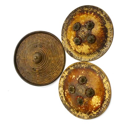 Lot 280 - A Pair of 19th Century Indian Painted Hide Small Dhal Shields, each of convex circular form,...