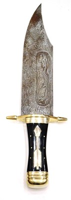 Lot 312 - A Massive Indian Bowie Knife, with 30.5cm broad hatchet tip damascus steel blade, the nickel plated