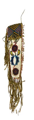 Lot 335 - A Mid-19th Century Cree Indian Beadwork Hide Knife Sheath, the thread sewn seams edged with...