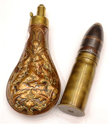 Lot 358 - A 19th Century Copper Powder Flask by G & J W Hawkesley, each side embossed with oak leaves...