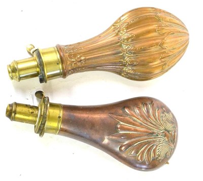 Lot 385 - A 19th Century Copper Powder Flask by G & J W Hawkesley, embossed with melon fluting, pendant beads