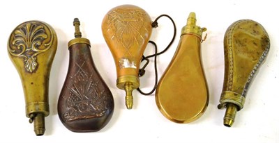 Lot 387 - A 19th Century Copper Powder Flask by G & J W Hawkesley, embossed with anthemion, with brass...