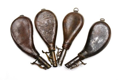 Lot 401 - Four Early 19th Century Stitched Leather Shot Flasks, two of kidney shape, one embossed with a...