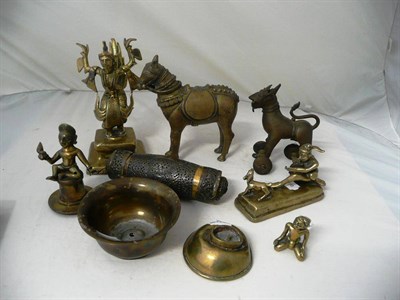 Lot 444 - A Group of Seven Indian Brass Ornaments, circa 1900, two as mythical figures, standing horse...