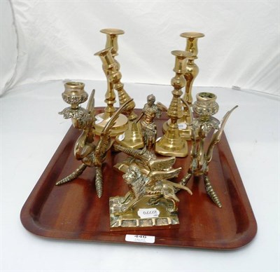 Lot 446 - A Pair of Brass Wyvern Table Candlesticks, circa 1900, 18.5cm high; Two Pairs of 19th Century Brass