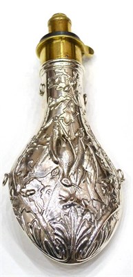 Lot 358A - A 19th Century Silver Plated Powder Flask by Handsome & Co., RSTN, each side embossed with...