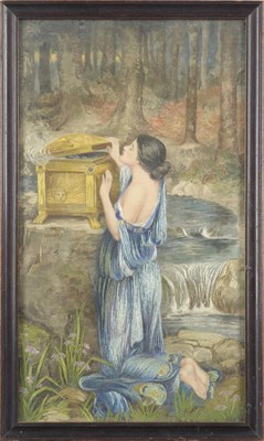 Lot 463 - An Embroidered Panel Depicting Pandora Opening Her Box, circa 1910, the beautiful maiden...