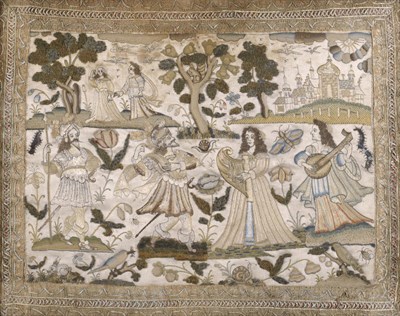 Lot 464 - A 17th Century Needlework Picture "The Meeting of Jophthah and his Daughter", worked with four main