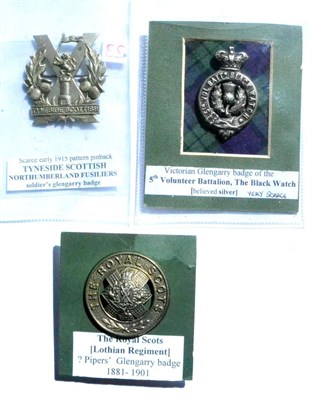 Lot 110 - Three Badges, comprising Northumberland Fusiliers, Tyneside Scottish, white metal Glengarry...