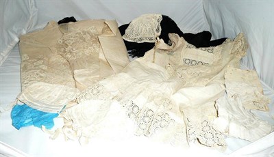 Lot 467 - Five 19th Century Cotton Baby Bonnets, child's cotton bonnet with lace edging a christening...