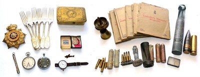 Lot 150 - Assorted Militaria and Related Collectables including a set of six plated fiddle pattern table...