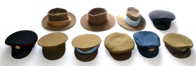 Lot 196 - A Collection of British Military Head Dress, comprising three kakhi bush hats, one with gilt...