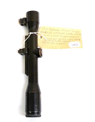 Lot 304 - A Hensoldt Wetzlar Diatal 4x32 Rifle Scope, No. 148847, with three post sniper reticle, claw mounts