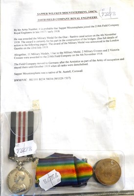 Lot 31 - A Military Medal and Victory Medal, awarded to 230674 SPR.W.MOUNTSTEPHENS. R.E., with a neatly...