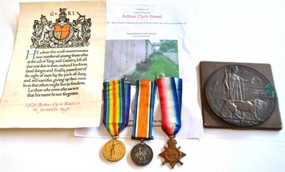 Lot 34 - A First World War Trio with Death Plaque and Scroll, to L/Cpl. Arthur Cyril Reed, 1st. Batt. W....