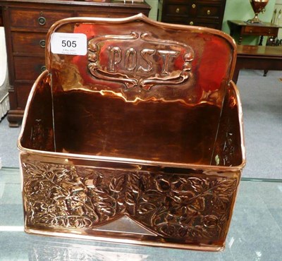 Lot 505 - An Arts & Crafts Copper Table Post Box, circa 1910, worked in relief with fruiting hips, the...