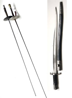 Lot 221 - A Pattern 1855 Lancaster Sword Bayonet, with steel-mounted leather scabbard; a fencing foil,...