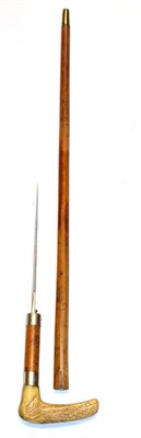 Lot 278 - An Edwardian Malacca Dagger Stick, the 25cm double edge steel blade with two narrow fullers to each