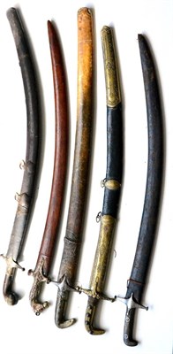 Lot 304 - Five Various Shamshirs, one with horse head hilt, all with scabbards, all 20th century