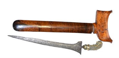 Lot 313 - A 19th Century Malayan Kris, with 27cm straight double edge pamor steel hilt, the gilt metal mendak