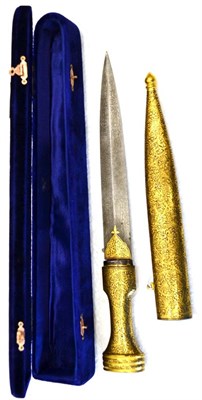 Lot 343 - An Attractive Indian Dagger, the 16cm double edge wootz steel blade with foliate koftgari...