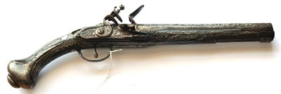 Lot 422 - A 19th Century Turkish Flintlock Holster Pistol, the 26cm steel barrel with chiselled decoration of